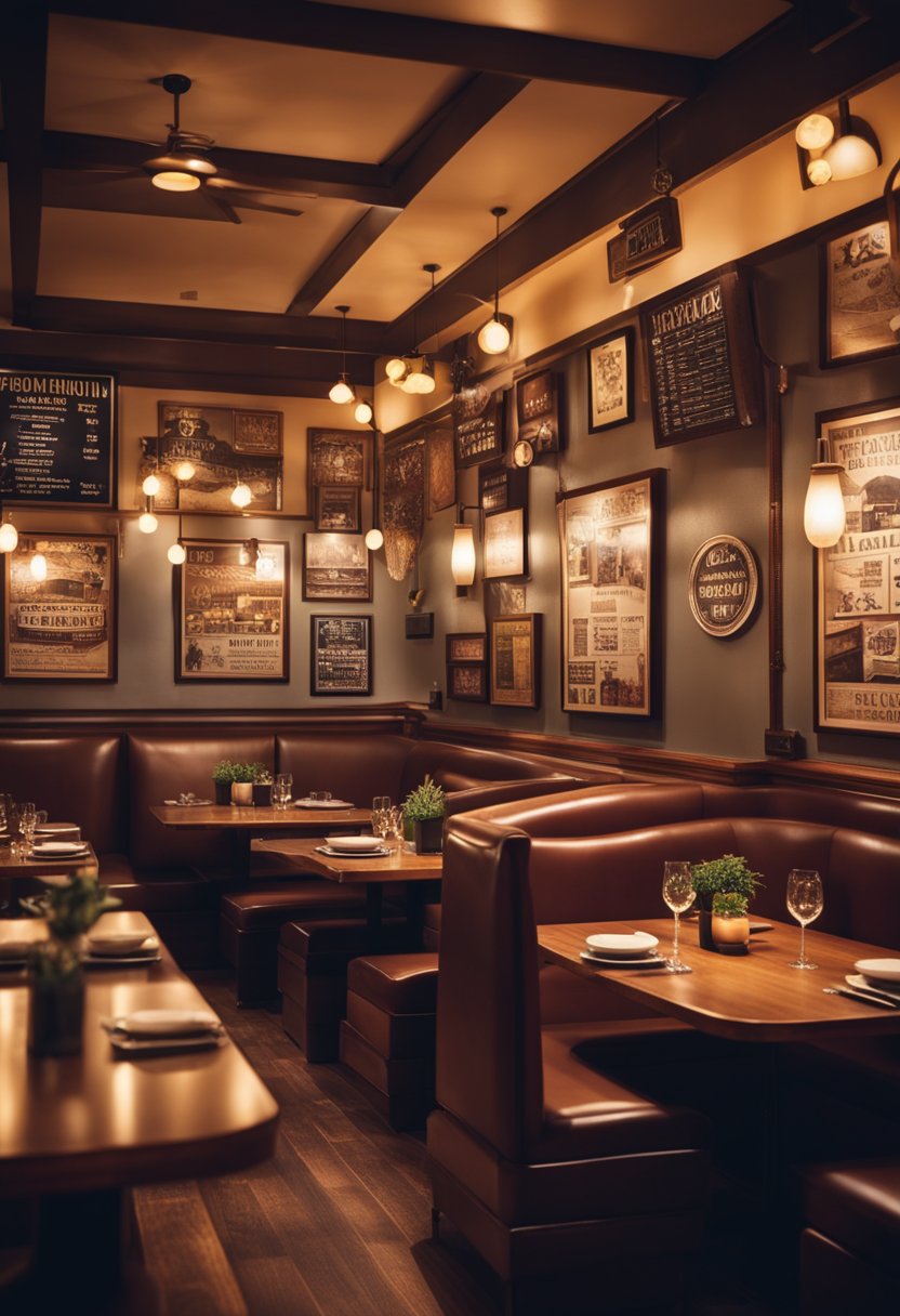 A bustling dining room with cozy booths and soft lighting. The walls are adorned with vintage posters and the aroma of sizzling meats fills the air