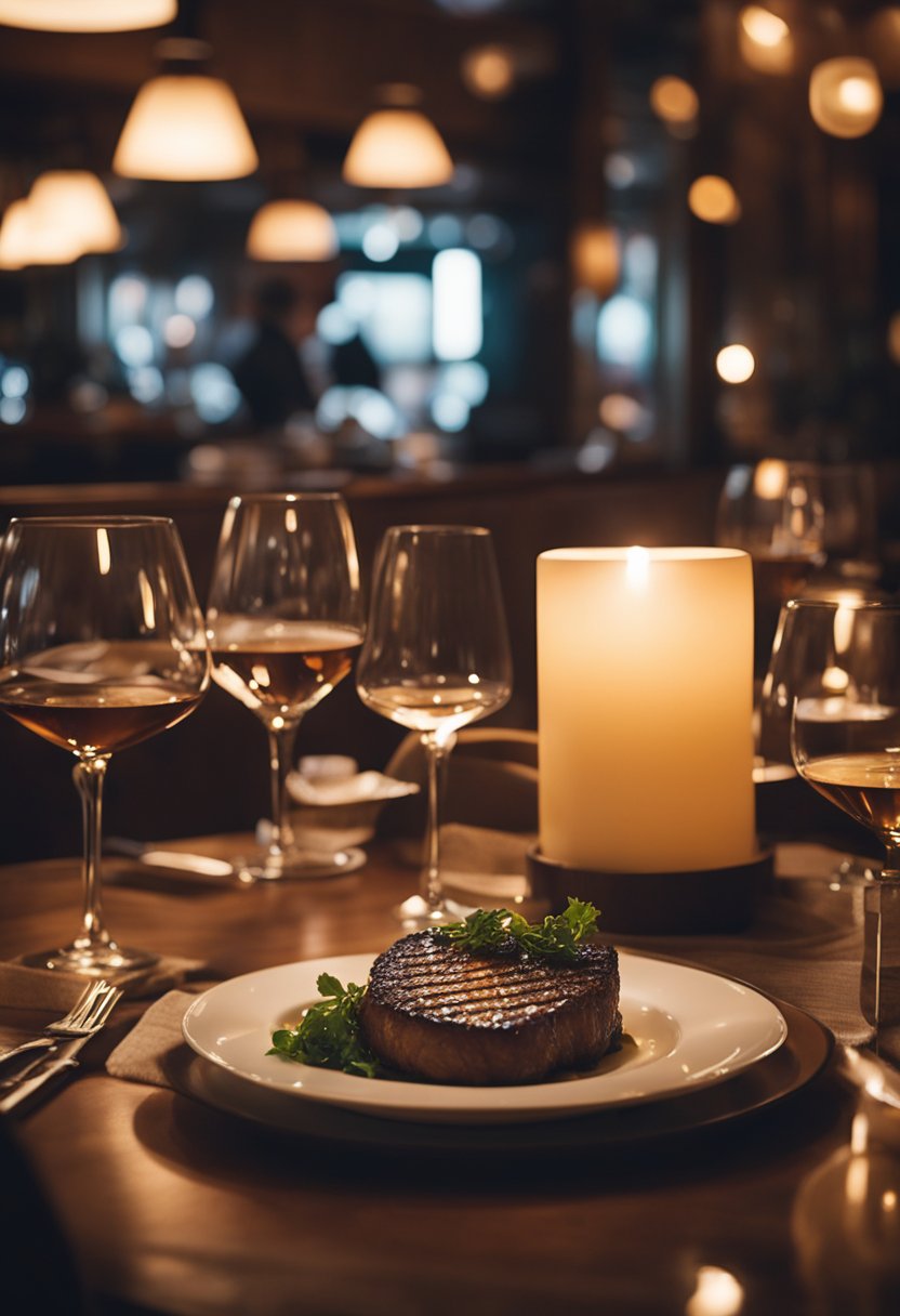 A cozy, candlelit restaurant with vintage decor, soft jazz music, and the aroma of sizzling steaks and fine wine