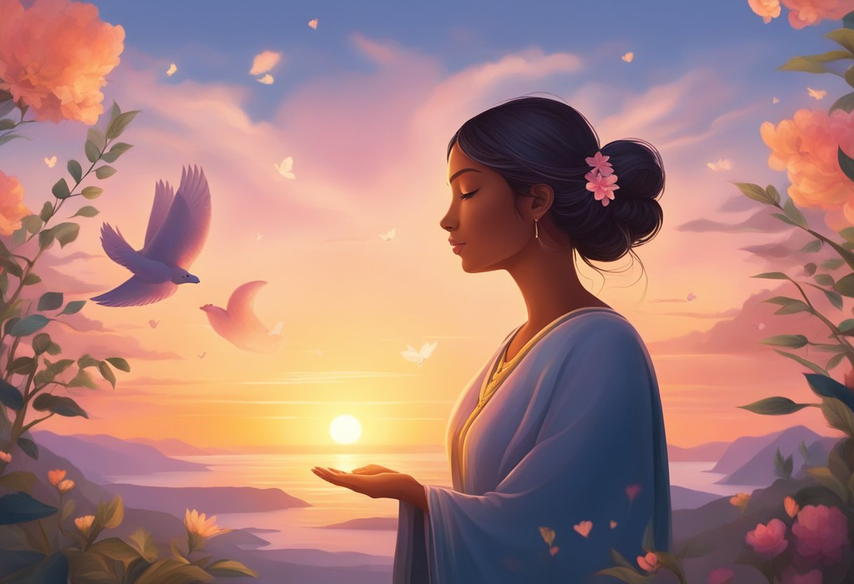 A serene figure gazes at a glowing sunset, surrounded by symbols of love, growth, and inner peace