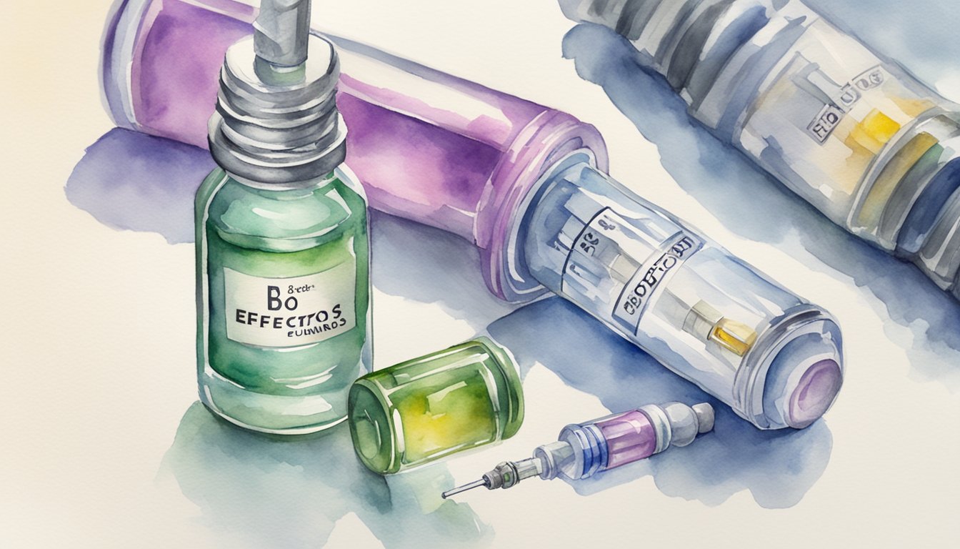 A syringe injecting Botox into a vial, with a label showing "Botox" and "efectos secundarios del botox" in the background