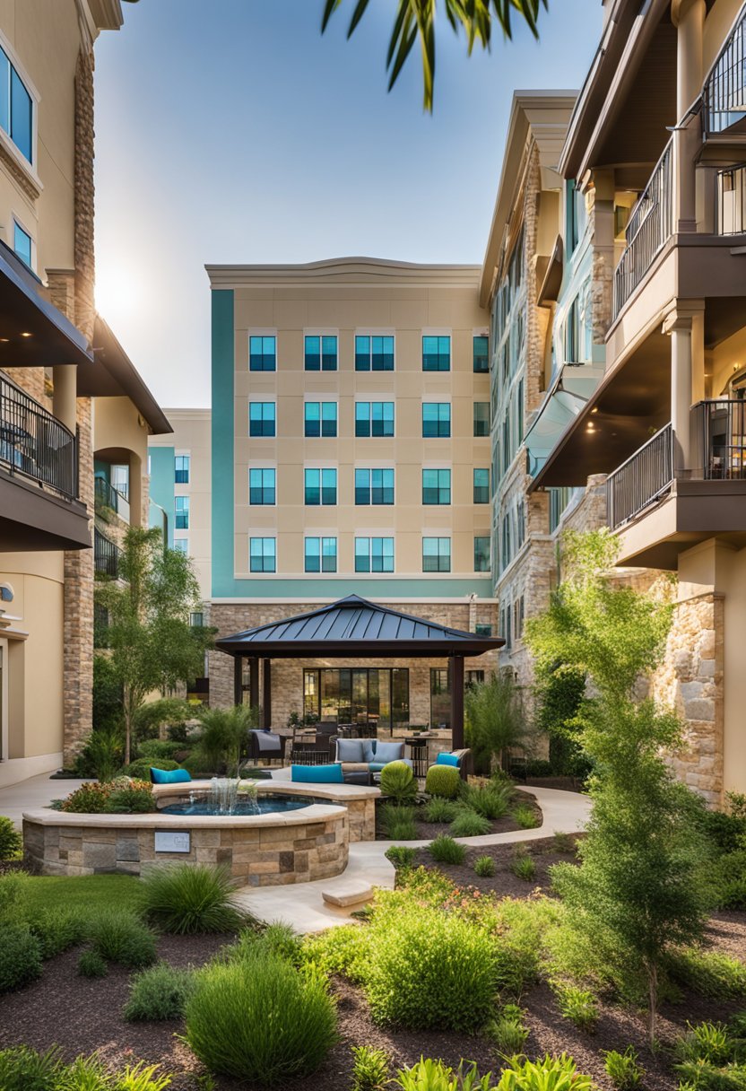 A sunny day at SpringHill Suites Waco Woodway, with colorful family suites and lush greenery