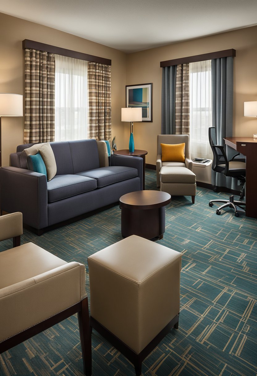 A spacious family suite at Residence Inn Waco hotel, with cozy furnishings, a fully equipped kitchen, and a separate living area