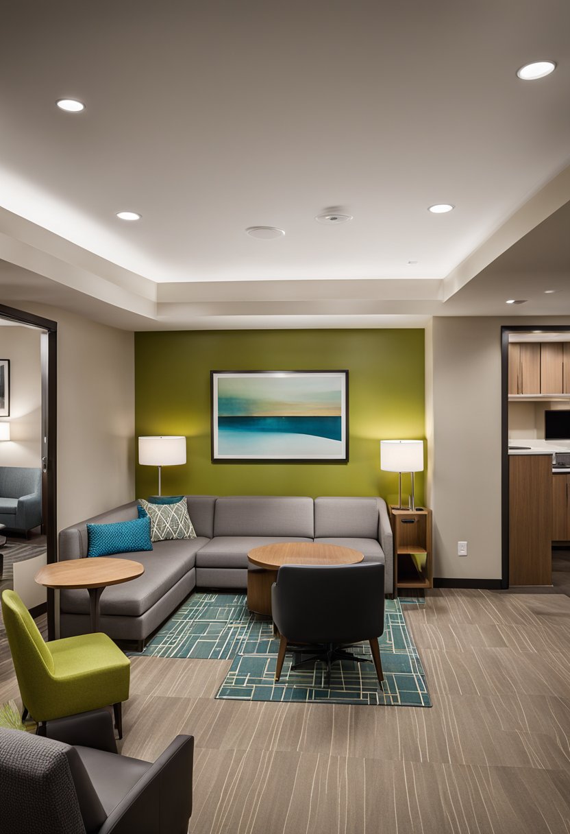 A spacious family suite at Home2 Suites by Hilton Waco, with modern furnishings, a comfortable living area, and a fully equipped kitchenette