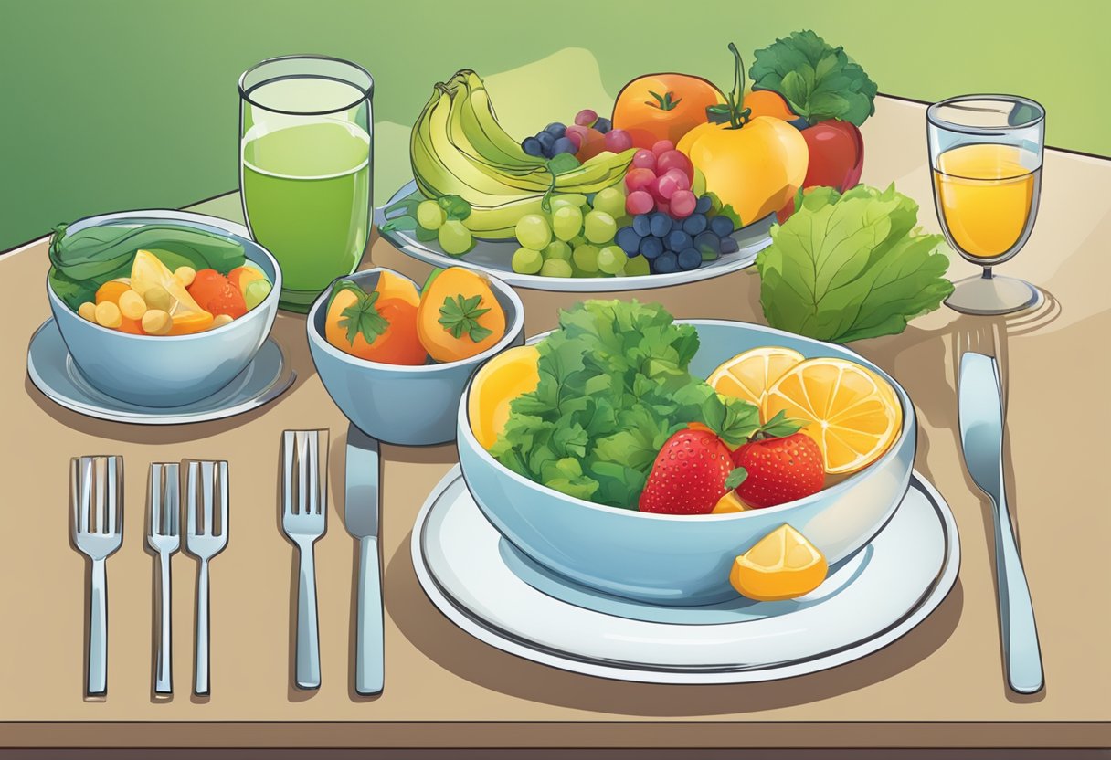 How to Control Hunger While Fasting: A table set with healthy foods, a glass of water, and a clock showing the time