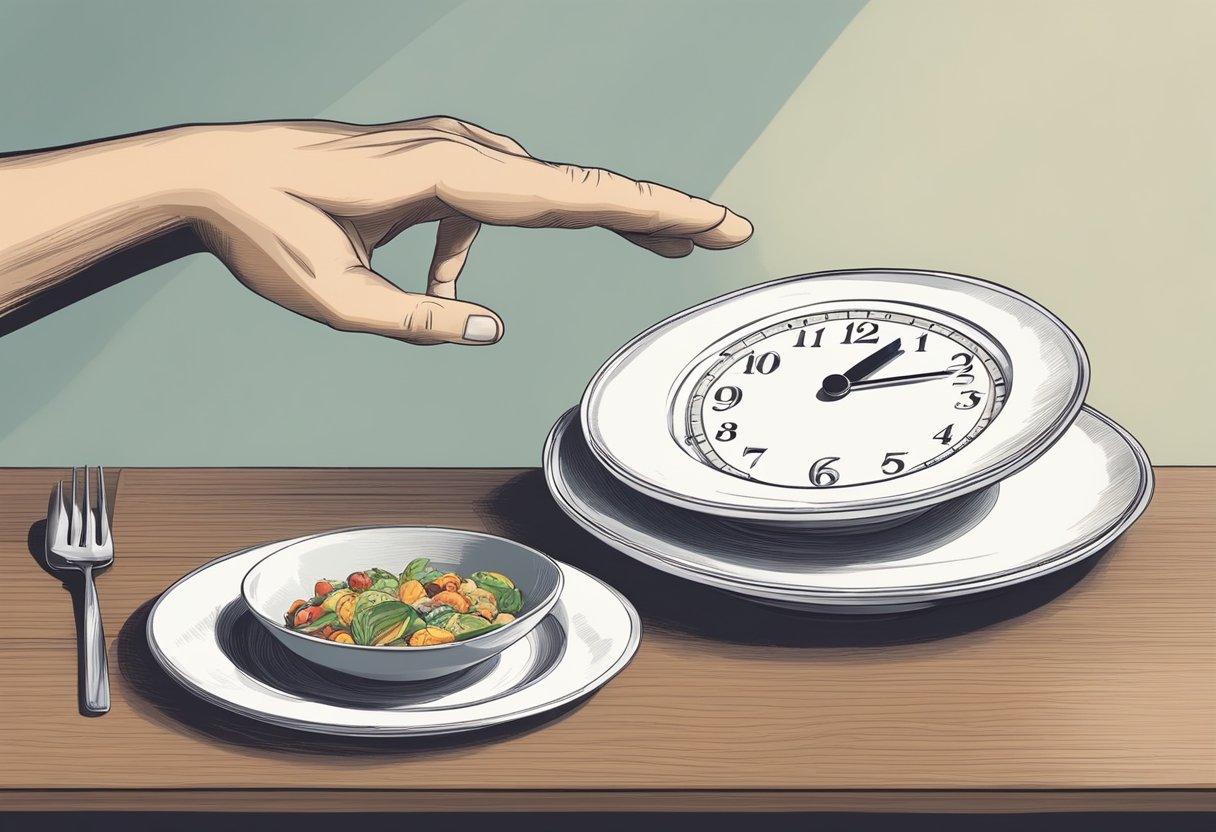 How to Control Hunger While Fasting: A table with an empty plate and a clock showing time passing. A person's hand resisting reaching for food