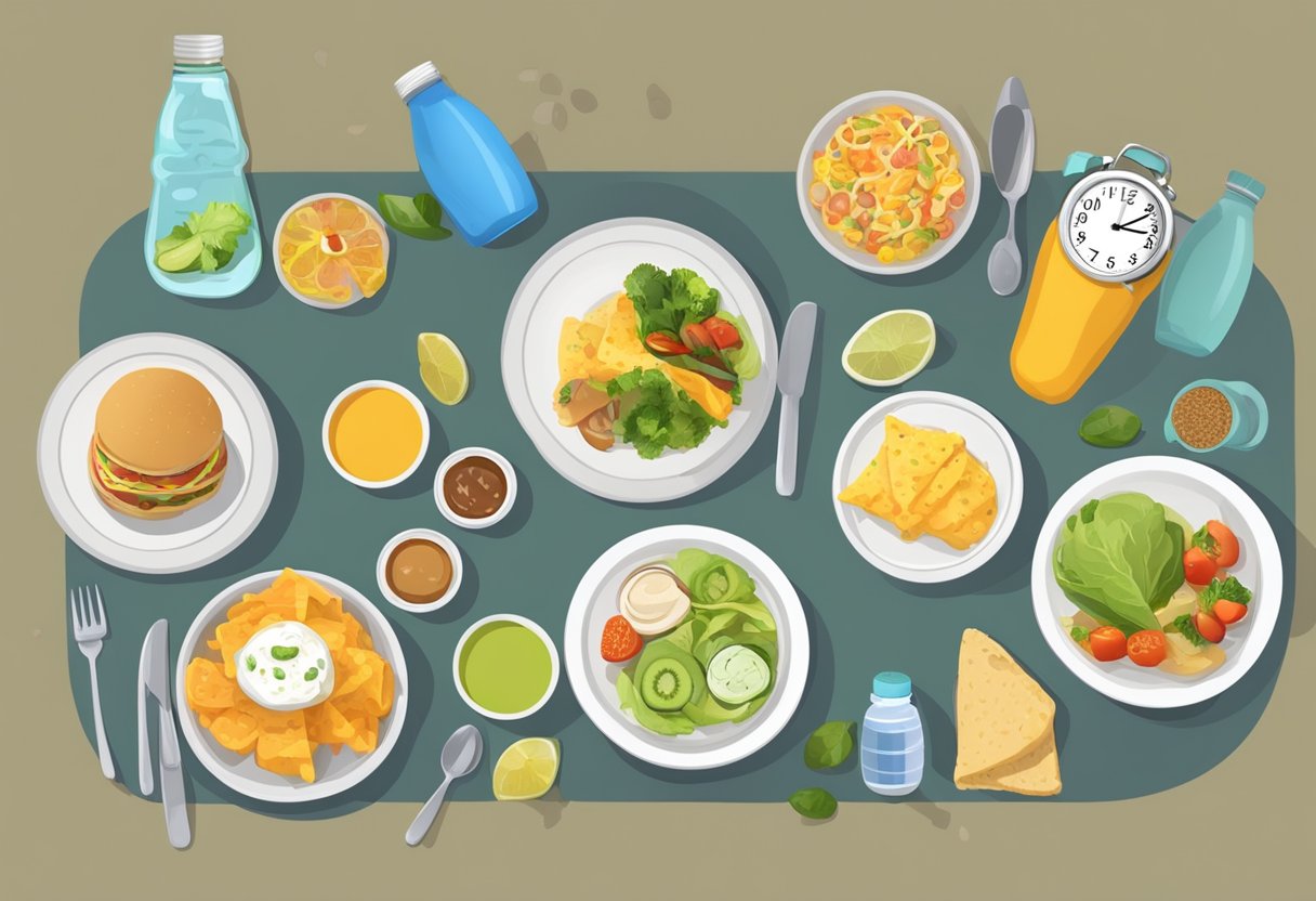 How to Control Hunger While Fasting: A table set with balanced meals, snacks, and water bottles, with a clock showing fasting times