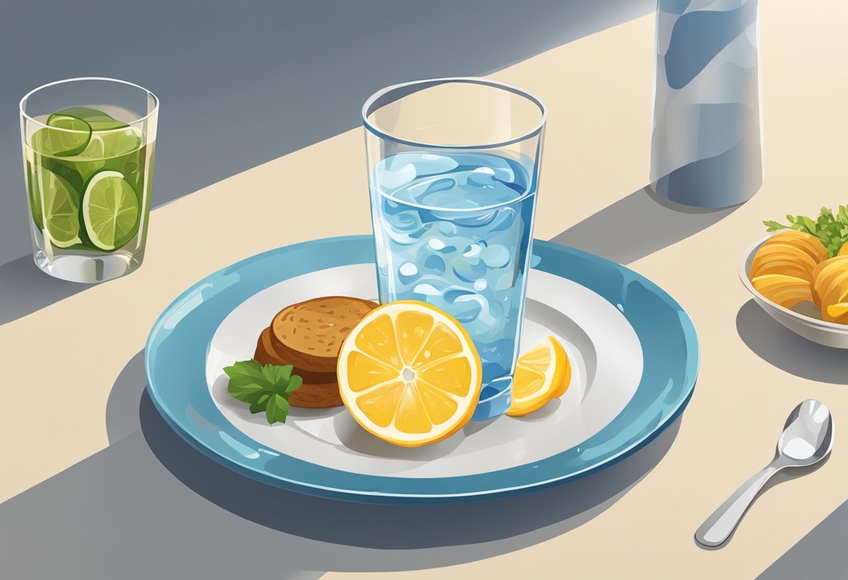 How to Control Hunger While Fasting: A glass of water sits next to a plate of food. The water ripples as it is poured. The food appears less appetizing