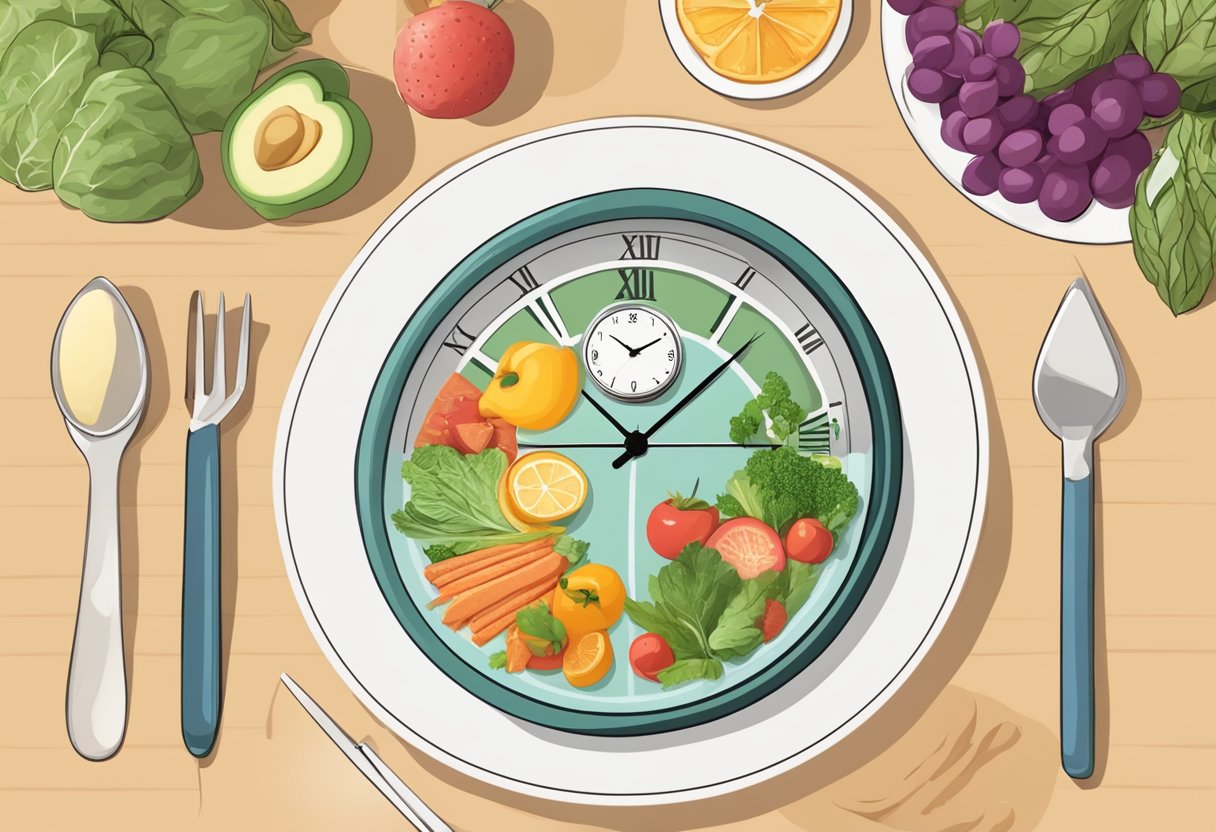 How to Control Hunger While Fasting: A table with healthy foods, a clock showing fasting time, and a person practicing mindfulness or distraction techniques to manage hunger