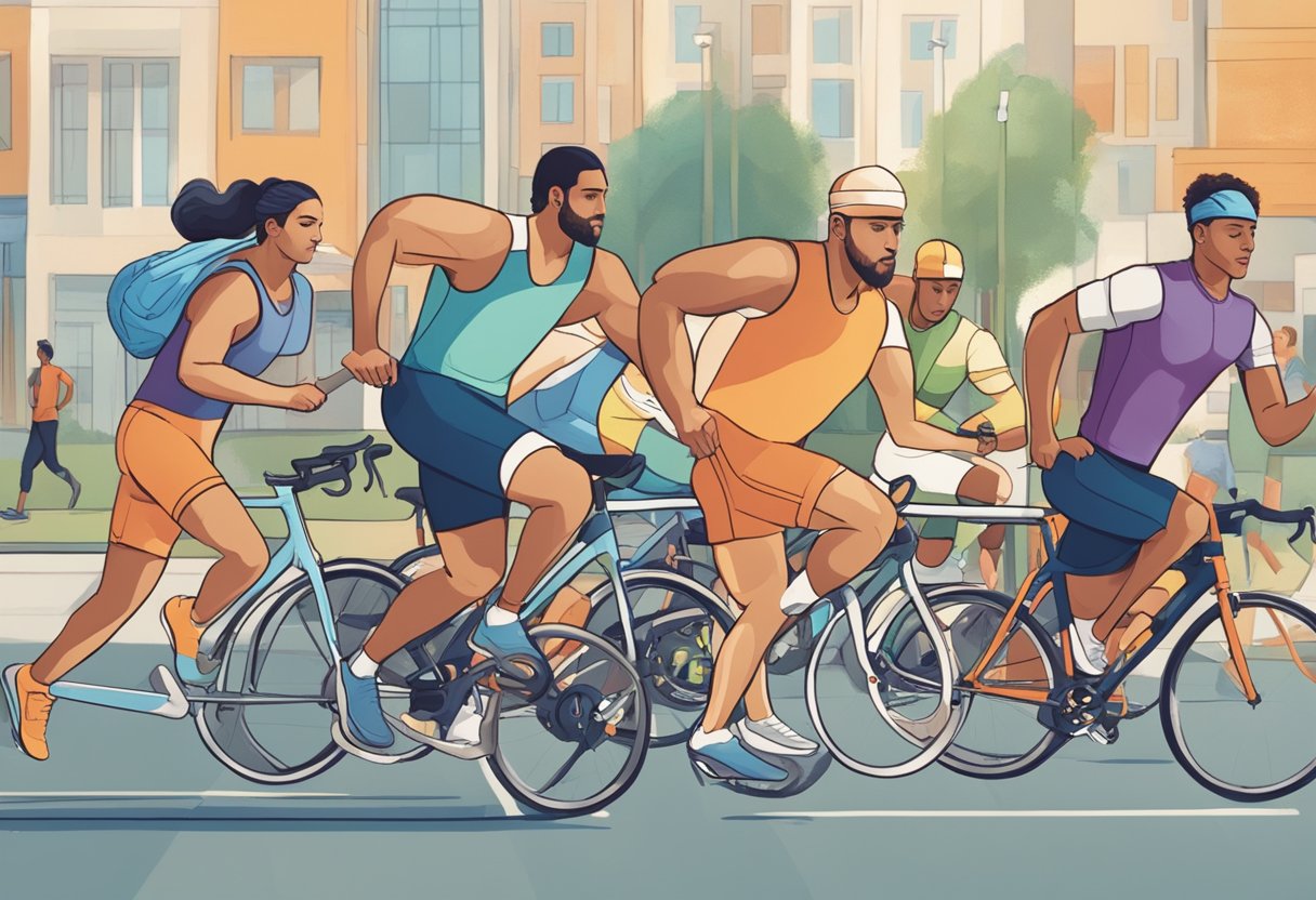 How to Control Hunger While Fasting: A group of people engaged in various physical activities, such as running, cycling, and swimming, while showing signs of reduced hunger and appetite suppression during fasting