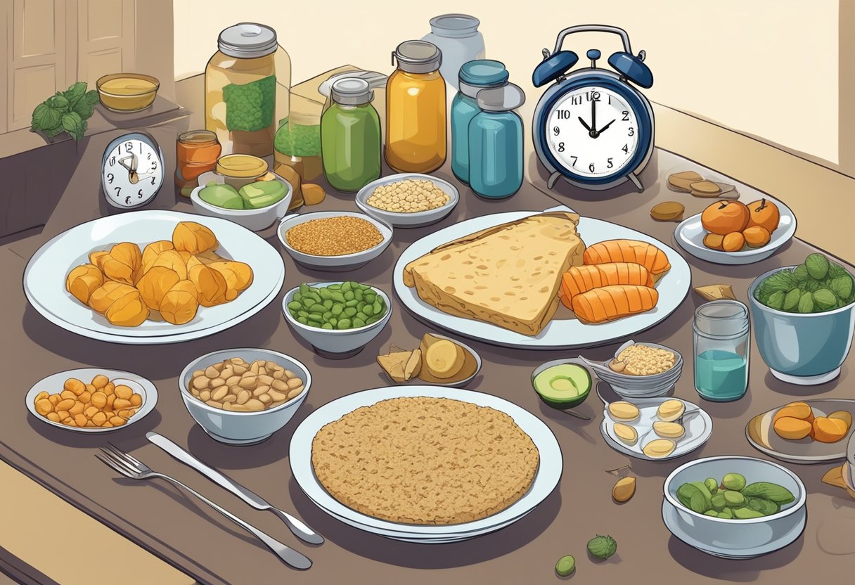 How to Control Hunger While Fasting: A table with various supplements and alternative foods, surrounded by empty plates and a clock, illustrating hunger control during fasting