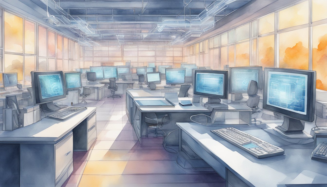 A futuristic computer lab with AI algorithms running on multiple screens, surrounded by cutting-edge technology and innovative software