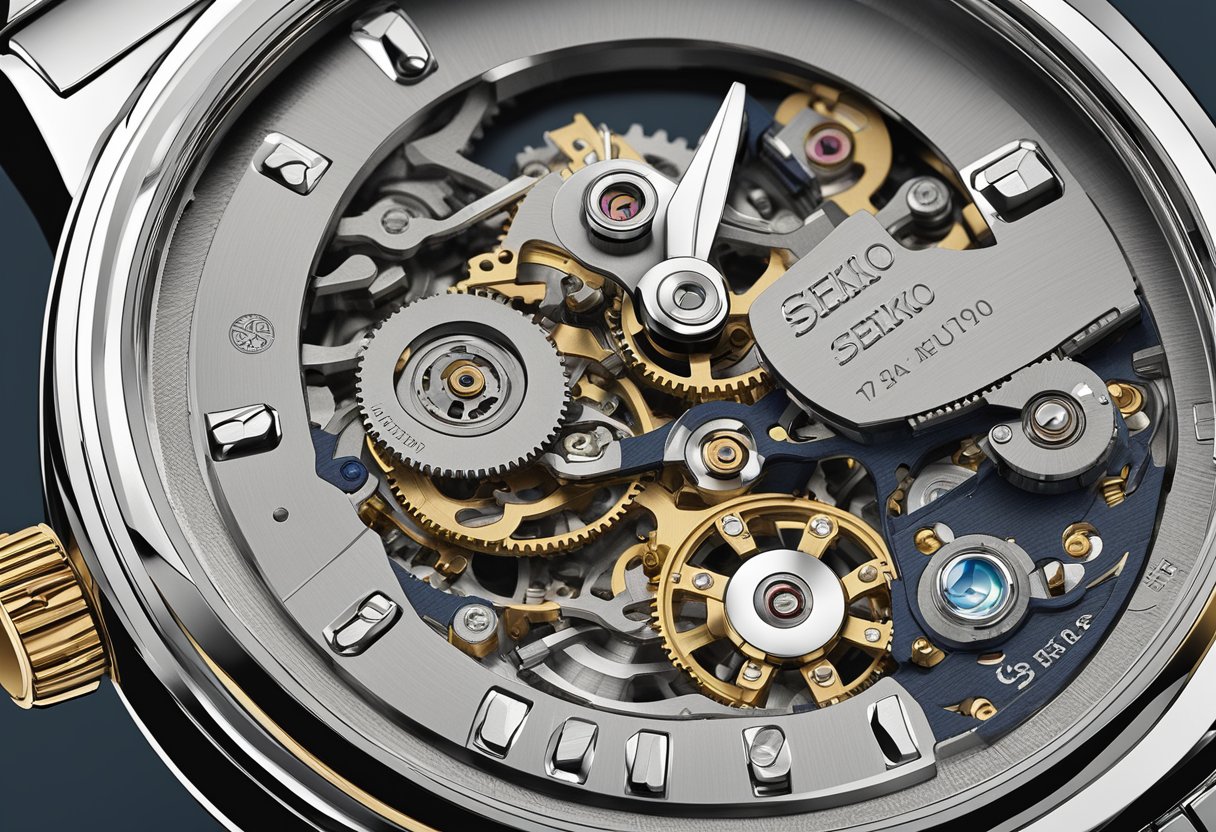 Eine Nahaufnahme eines Seiko-Uhrwerks, die seine komplizierten Teile und Mechanismen zeigt und das Erbe und die Entwicklung der Marke hervorhebt
