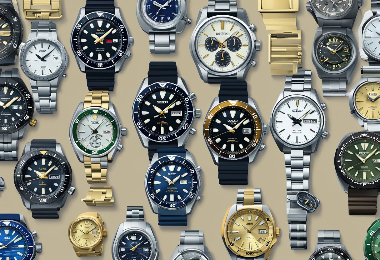 Eine Ausstellung ikonischer Seiko Uhrenmodelle mit verschiedenen Uhrwerkstypen