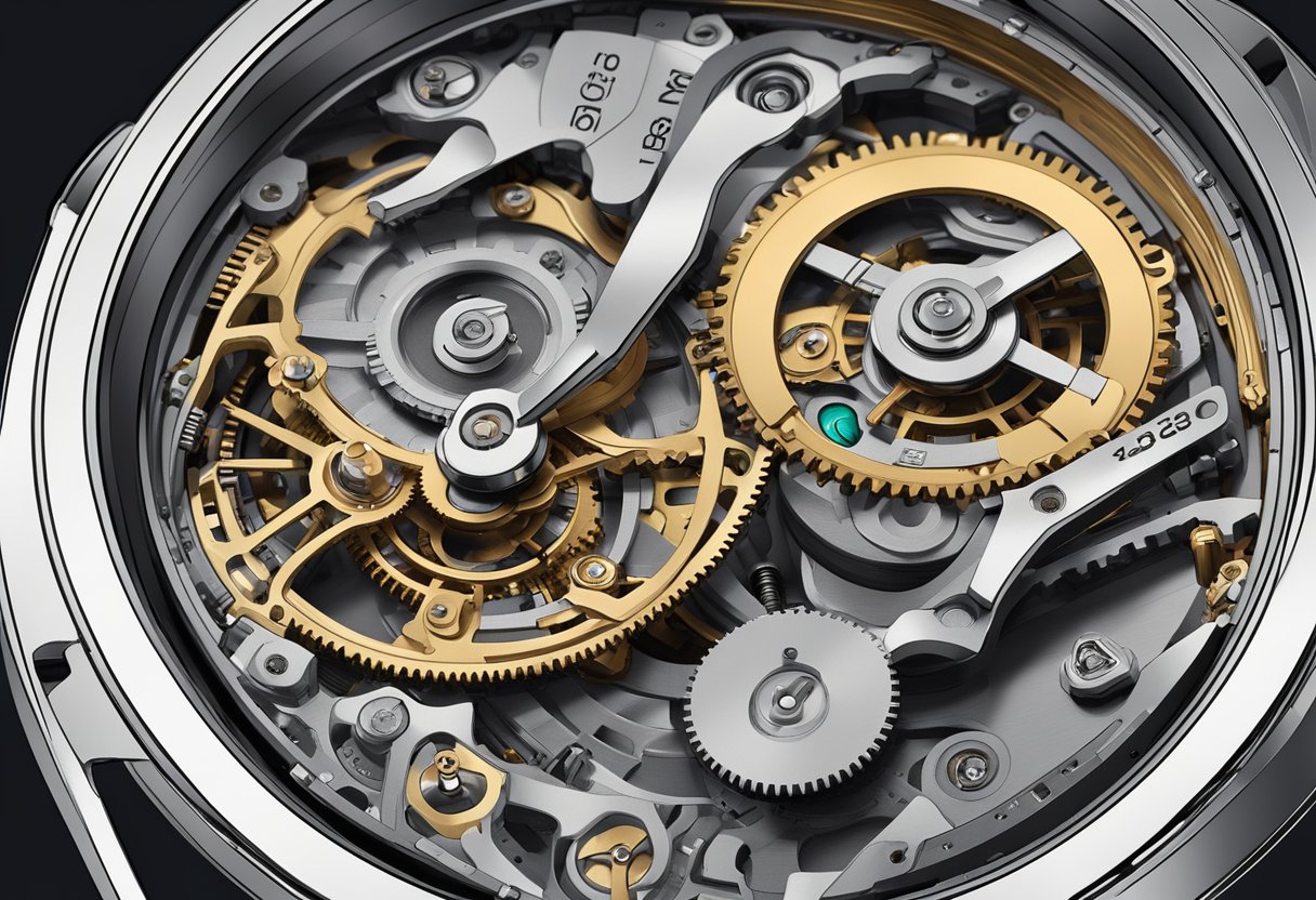 Un mouvement de type Seiko, avec des engrenages et des composants complexes, logé dans une montre au design élégant et moderne.