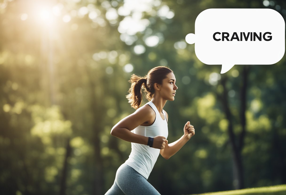 Does Exercise Reduce Cravings? A person exercising, with cravings being represented by a thought bubble above their head