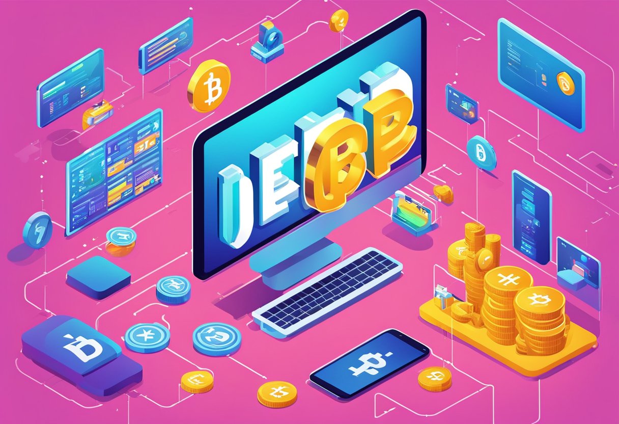 A computer screen displays "DePIN" in bold letters with a lock symbol, surrounded by various cryptocurrency symbols and charts