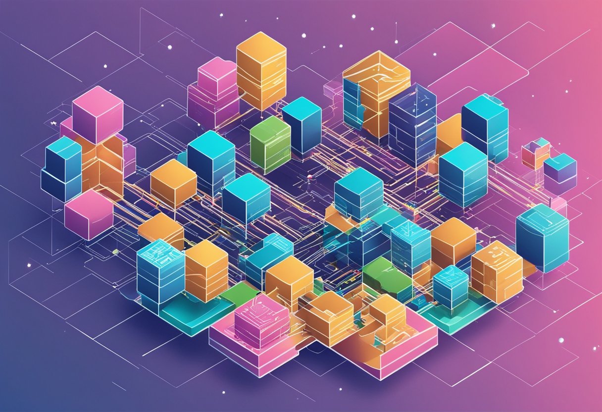 A network of interconnected blocks symbolize the role of blockchain in DePIN, with data flowing securely between nodes