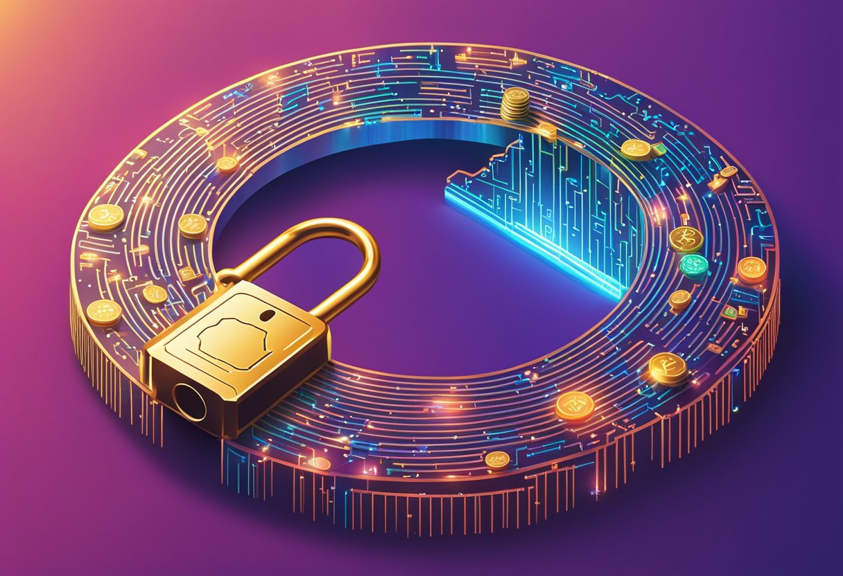 A glowing padlock surrounded by digital currency symbols, with a key hovering above it