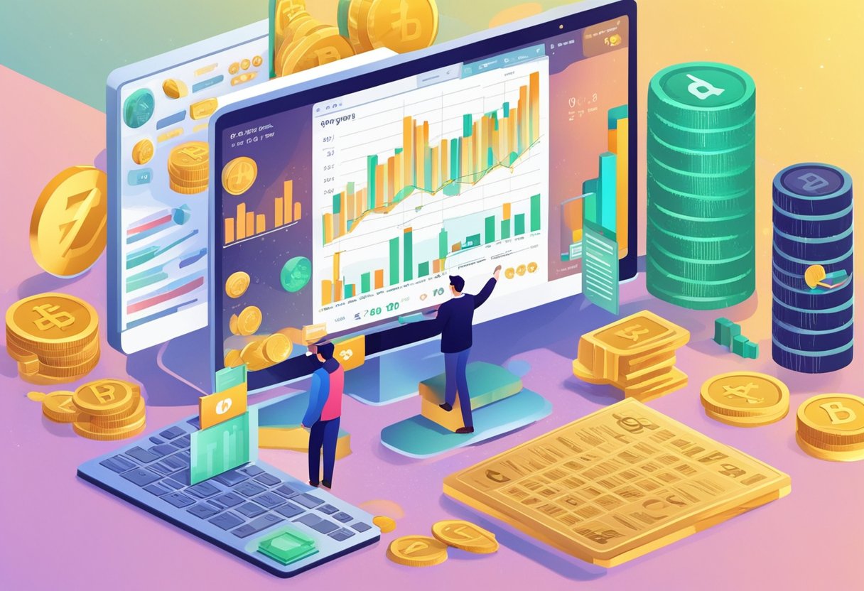 A computer screen displaying crypto charts and the words "Driving Factors Behind DPINs" with a question "What does DePIN mean in crypto?" A person researching and analyzing data