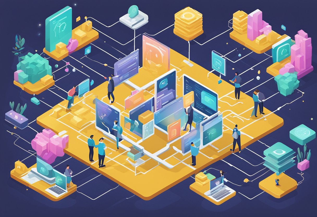 A network of interconnected nodes with various digital assets flowing between them, representing the concept of Token Economics in DPINs