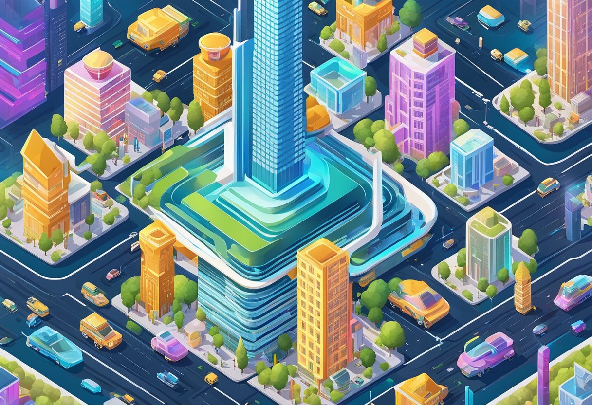 A digital cityscape with futuristic skyscrapers, holographic billboards, and flying vehicles, representing the future outlook of DePIN in the crypto world