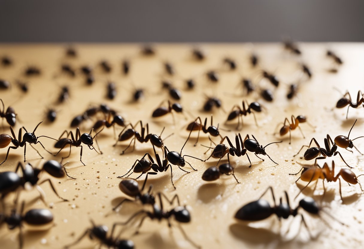 A trail of ants leading to a sugar spill on a kitchen counter