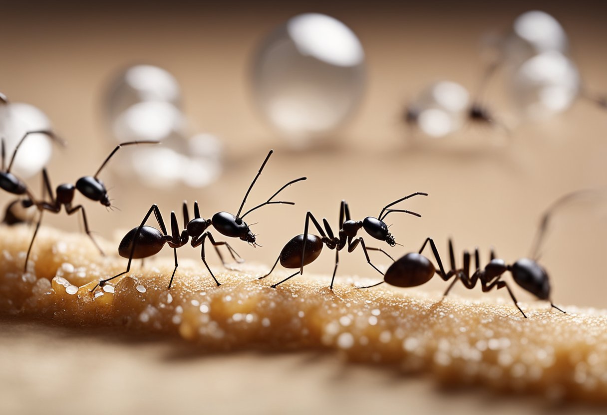 A line of ants trailing towards a sugar spill, with a magnifying glass focusing on their movement
