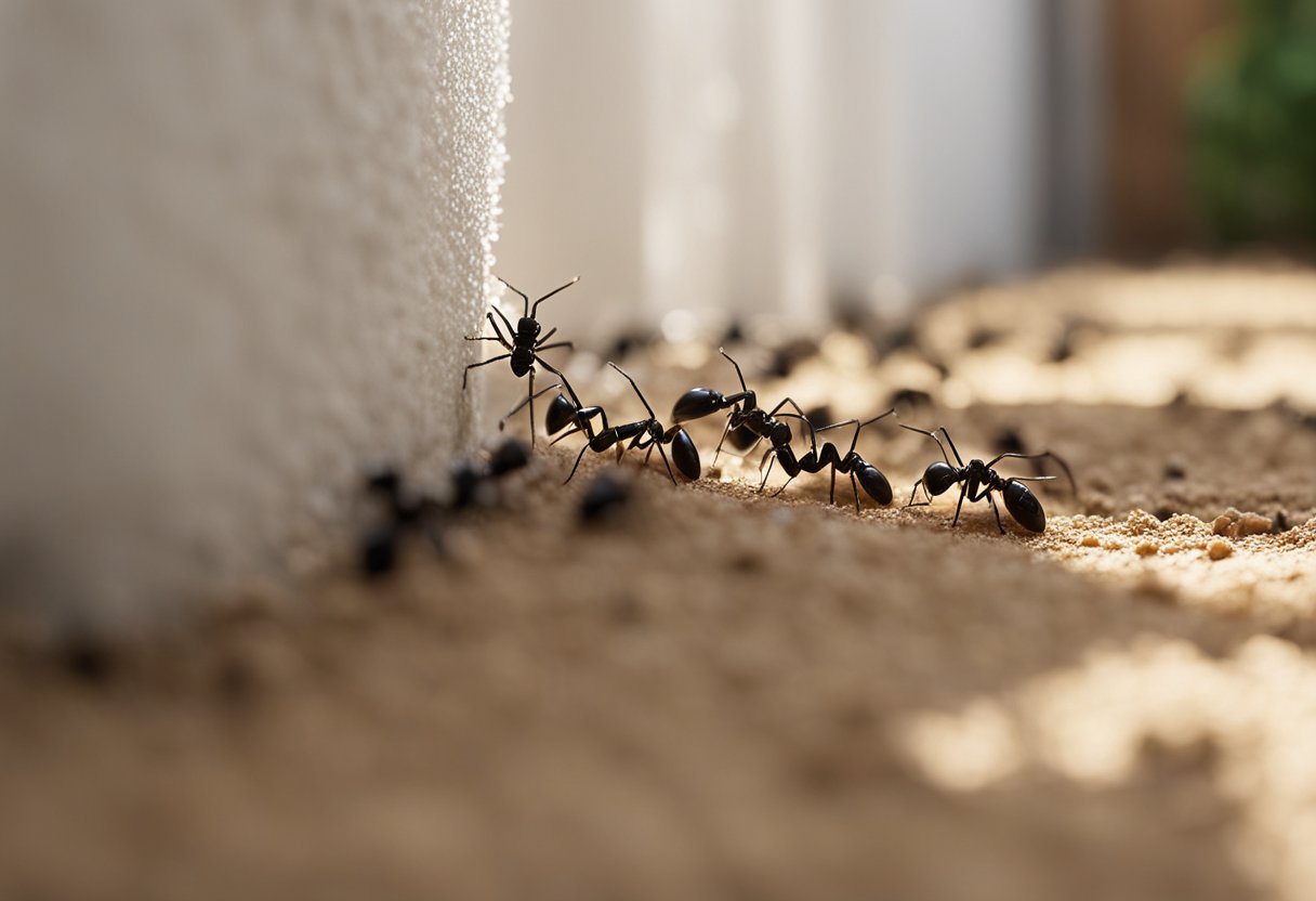 A trail of ants leads from a crack in the wall to a sugar spill on the floor. A homeowner looks on in frustration