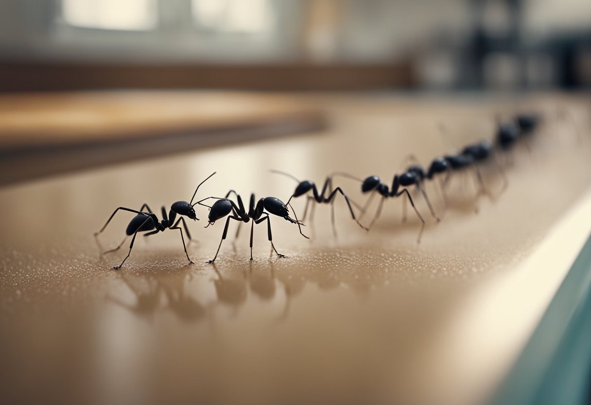 A line of ants marching towards a sugar spill on a kitchen counter. A homeowner searches for effective methods to get rid of them