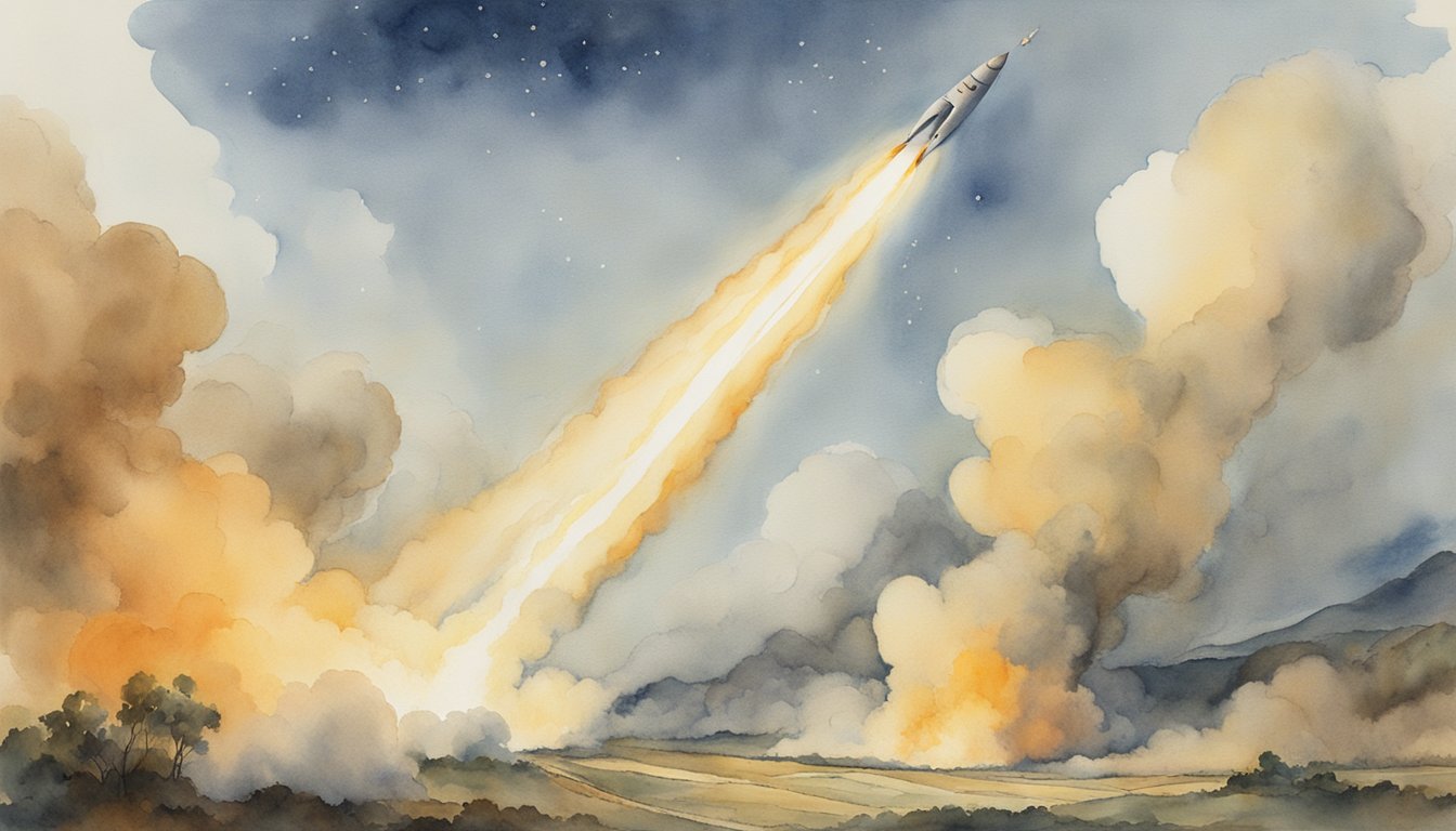 Goddard's work: a rocket launching into the sky, leaving a trail of smoke and fire behind, symbolizing the impact of his groundbreaking achievements