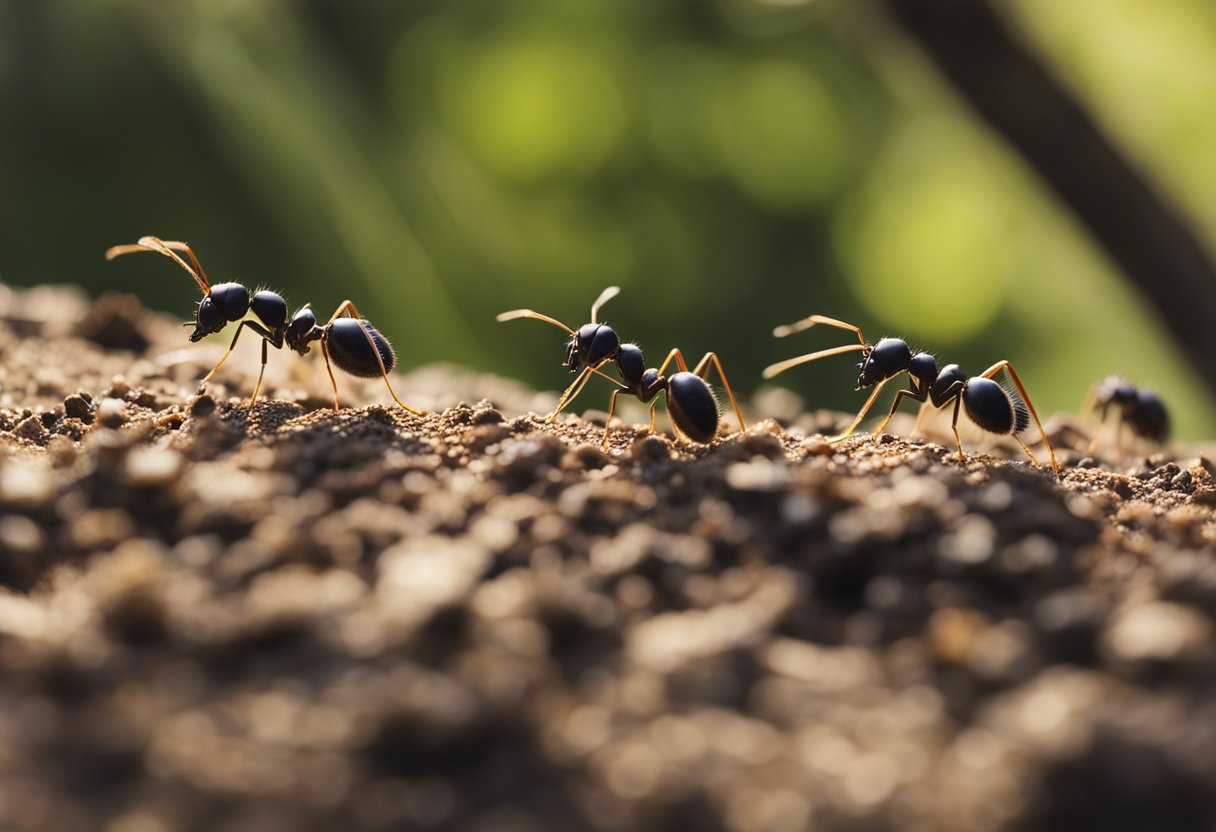 A group of ants foraging for food in a natural setting, with a focus on their biology and behavior