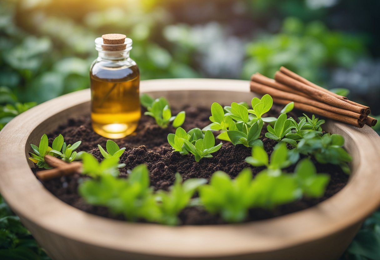 A garden with natural remedies like vinegar and cinnamon to eliminate ants. No humans or body parts visible