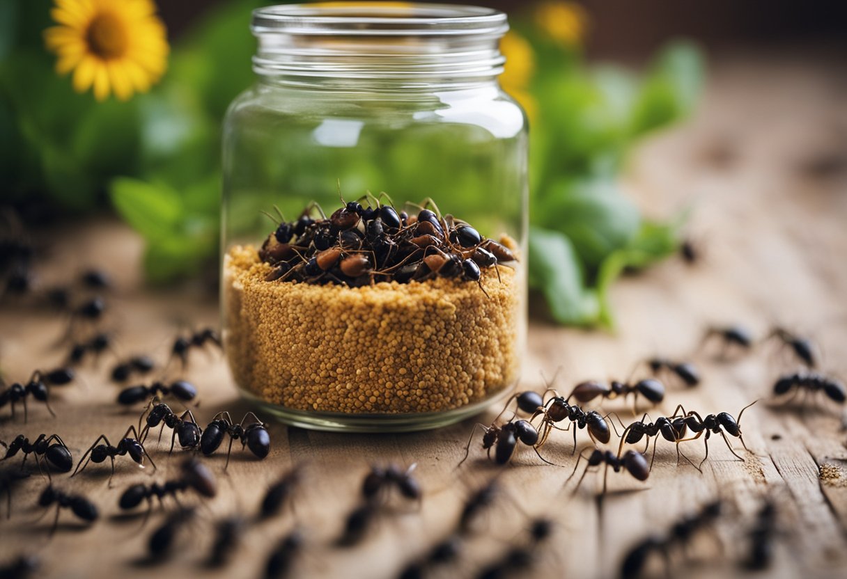 A trail of ants leading to a jar of natural remedies, surrounded by scattered herbs and spices