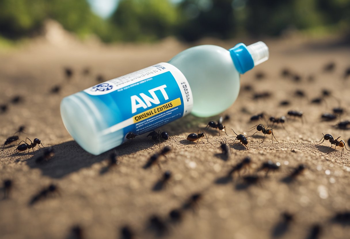 Chemical methods to get rid of ants: A spray bottle targeting a trail of ants, with a bottle of ant bait nearby