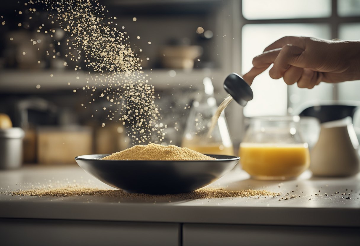 A person sprinkles chemical powder to eliminate ants in a clean and organized kitchen