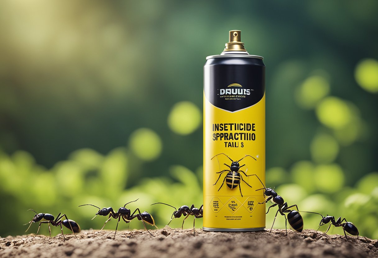 A can of insecticide spraying on a trail of ants