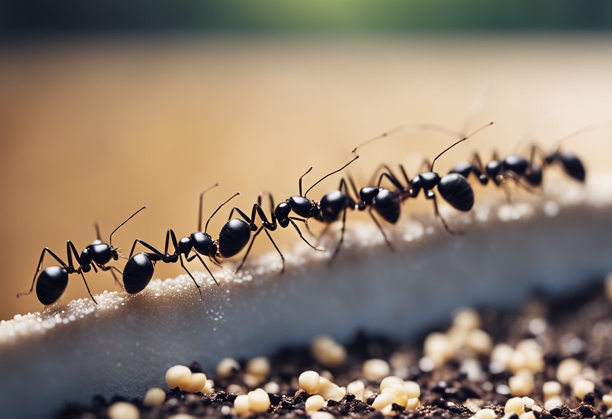 A line of ants marching towards a sugar spill, with a chemical spray and bait traps nearby