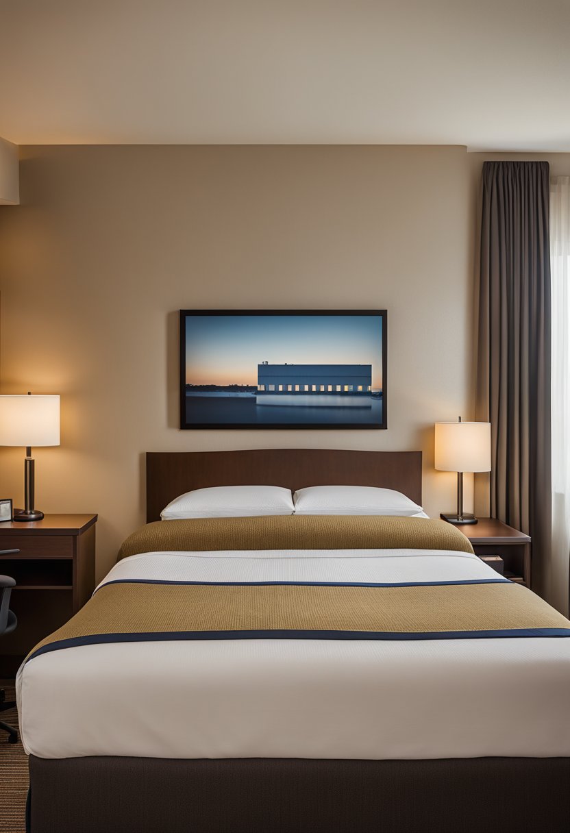 A cozy hotel room at Candlewood Suites Waco, with a comfortable bed, a desk, and a warm, inviting atmosphere