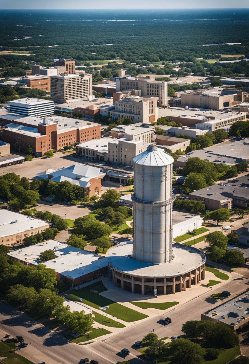 Aerial view of downtown Waco with a prominent silo, surrounded by cheap hotel accommodations and bustling city streets
