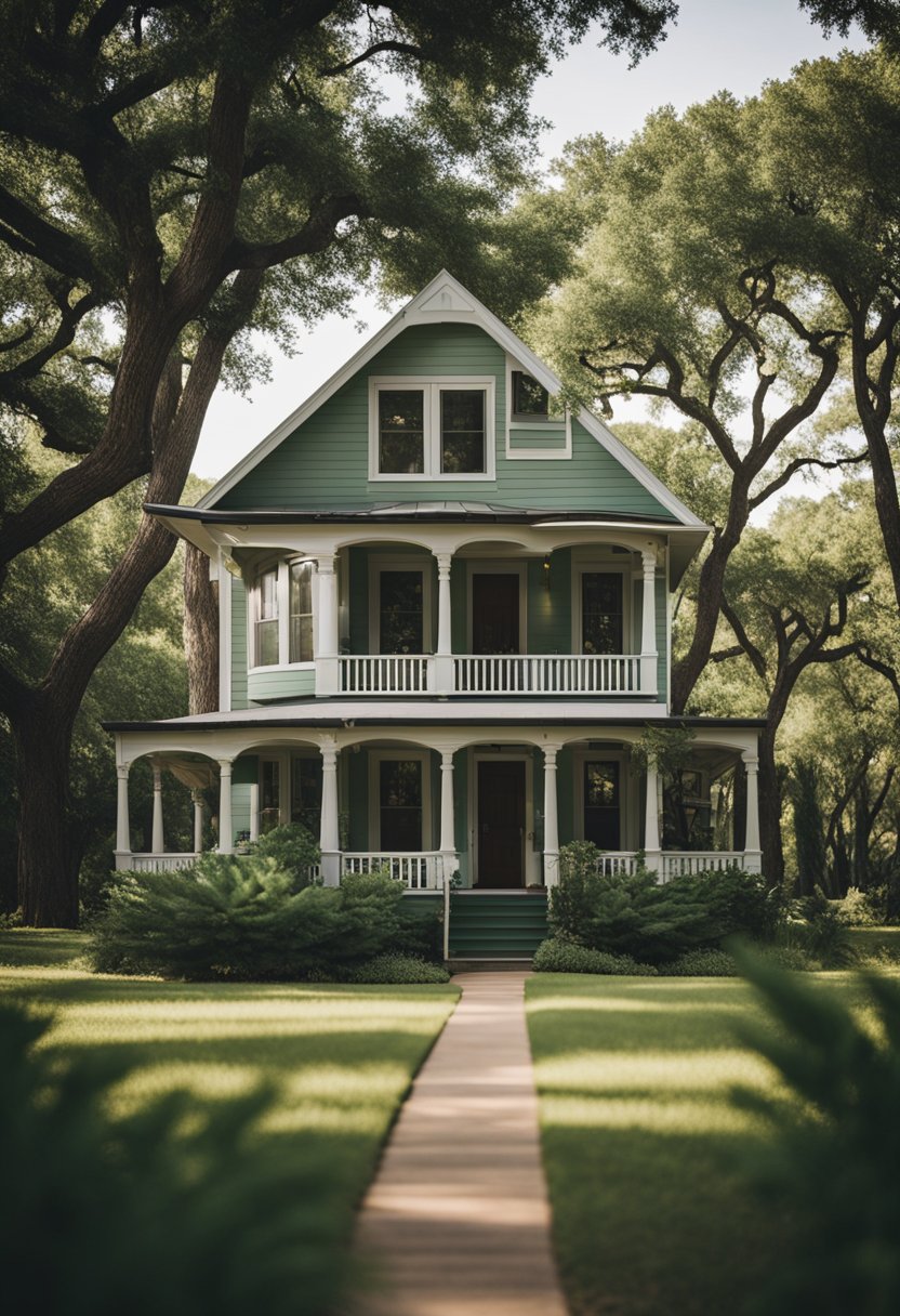 A quaint Pinewood House in Waco, with cheap hotel accommodations, surrounded by lush greenery and a welcoming front entrance