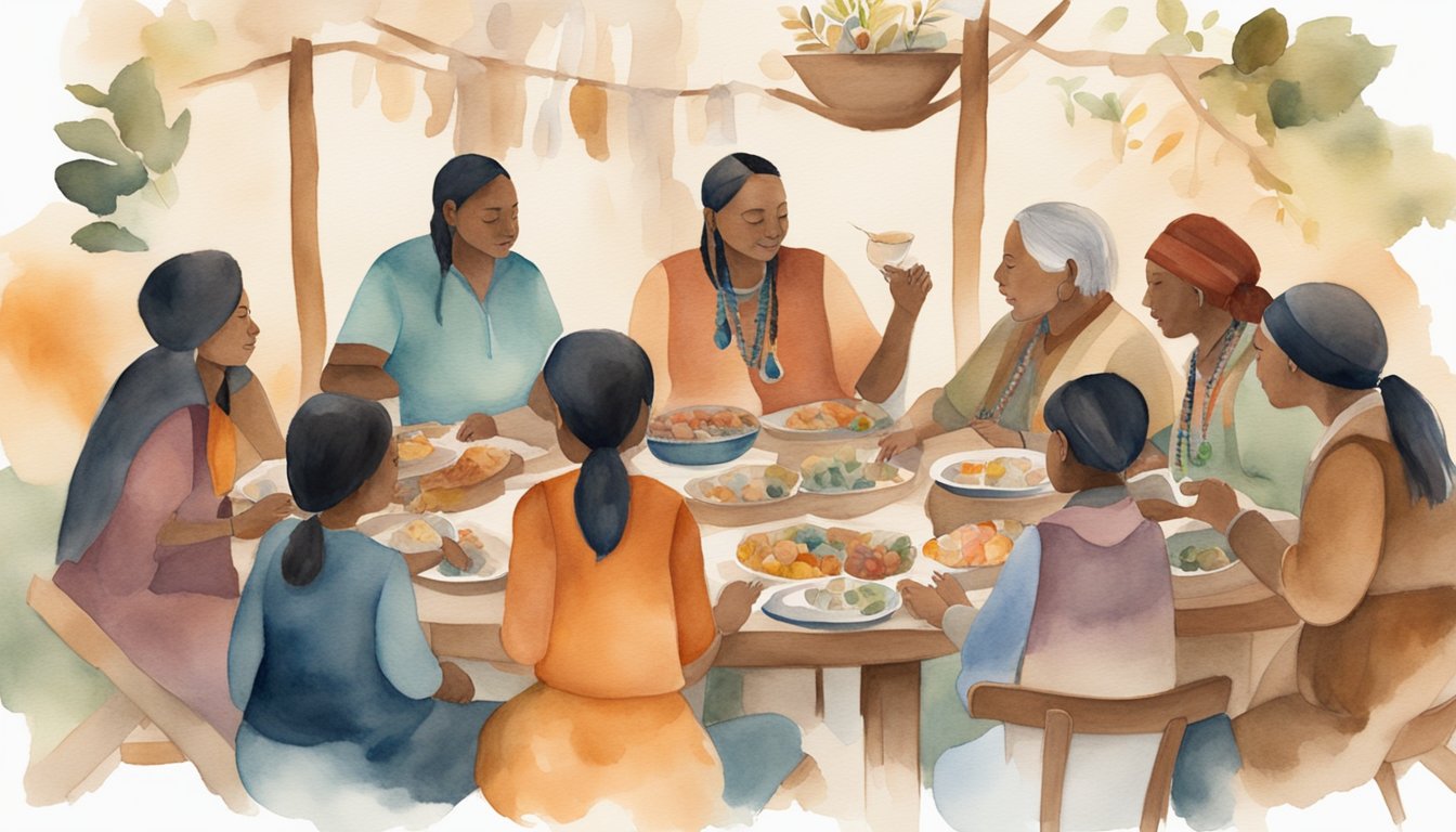 A diverse group gathers around a table, sharing food and stories, while symbols of indigenous cultures and gratitude adorn the space