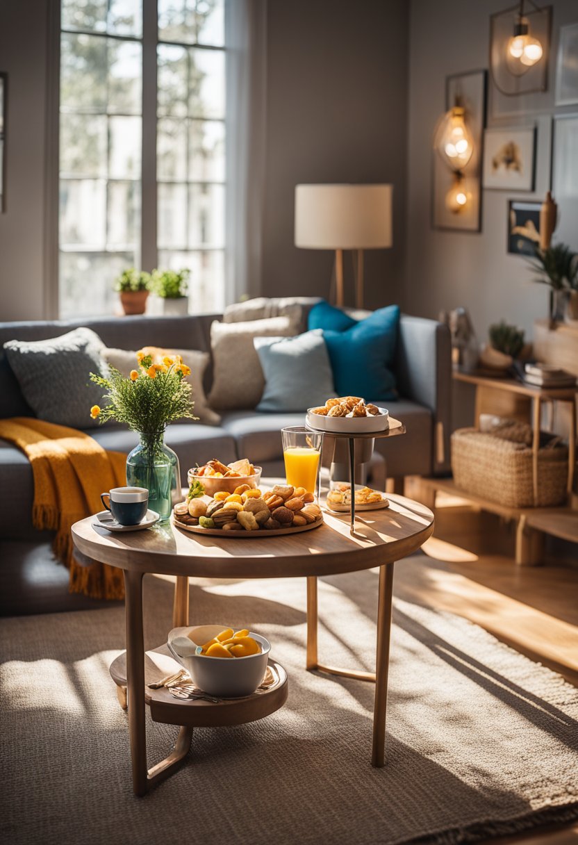 A cozy, eclectic room with mismatched furniture and colorful decor. Sunlight streams through the window, casting a warm glow over the space. A small table is set with an assortment of snacks and drinks, inviting guests to indulge in a taste of everything