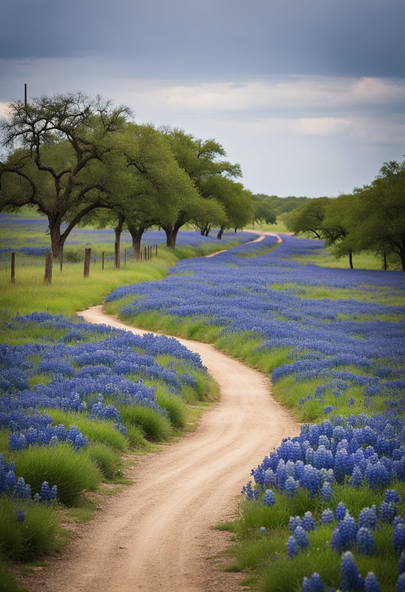 The Bluebonnet Trail winds through Waco, with cheap hotel accommodations dotting the landscape. Vibrant bluebonnets bloom alongside the trail, creating a picturesque scene for an illustrator to recreate