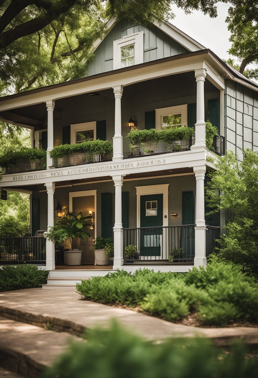 A cozy vacation rental in Waco, just 2 miles from Magnolia Market. The exterior of the building is surrounded by lush greenery, with a welcoming front porch and a sign advertising cheap hotel accommodations