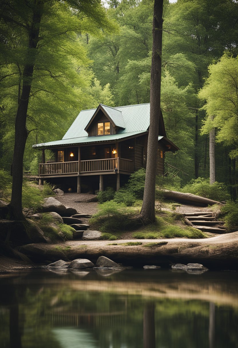 A cozy, rustic cabin nestled in the woods, surrounded by towering trees and a babbling brook, offering a unique and affordable lodging experience in Waco