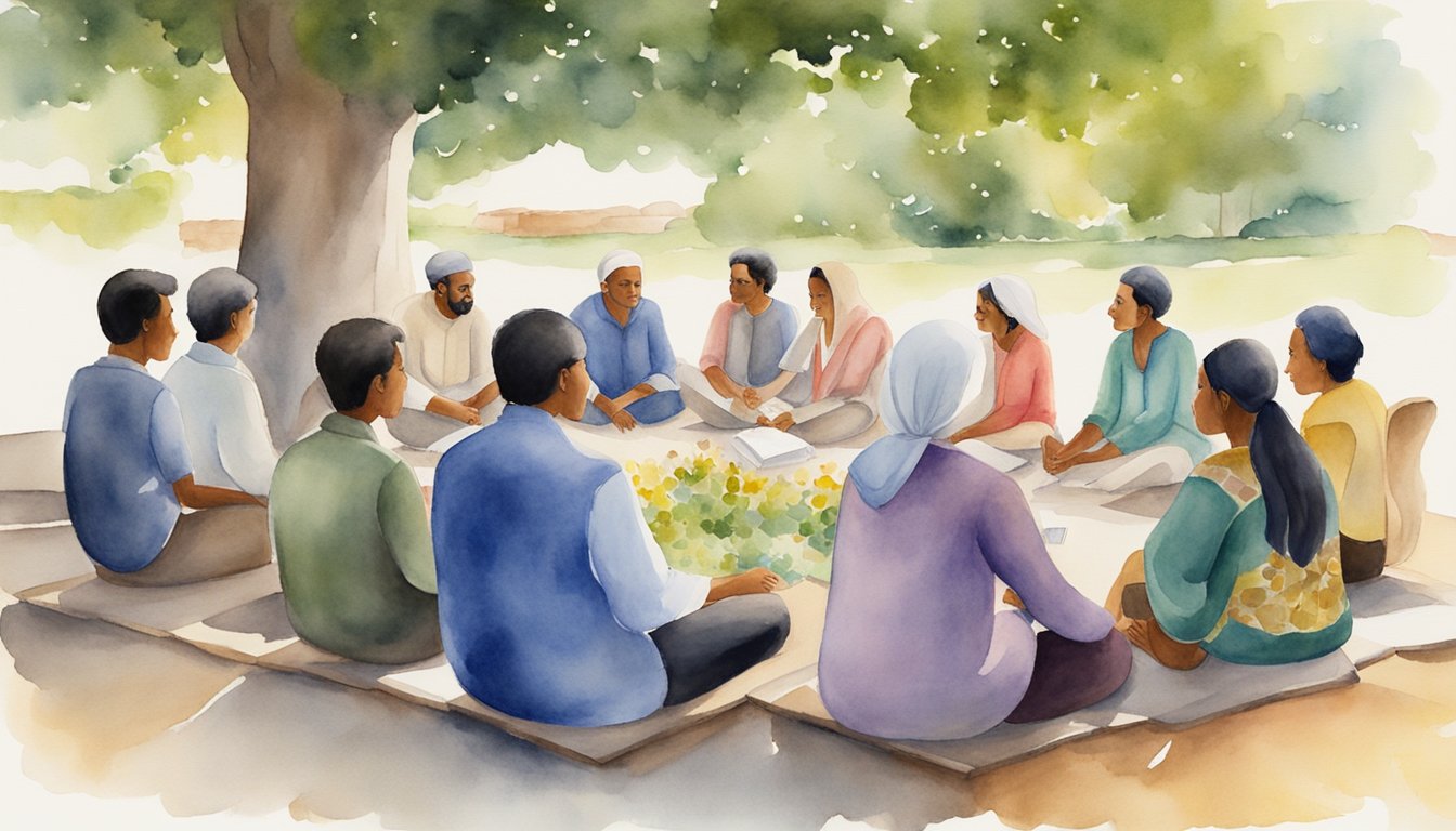 A group of people gather in a peaceful setting, engaged in discussions and administrative tasks, symbolizing the unity and organization of the Bahá'í community