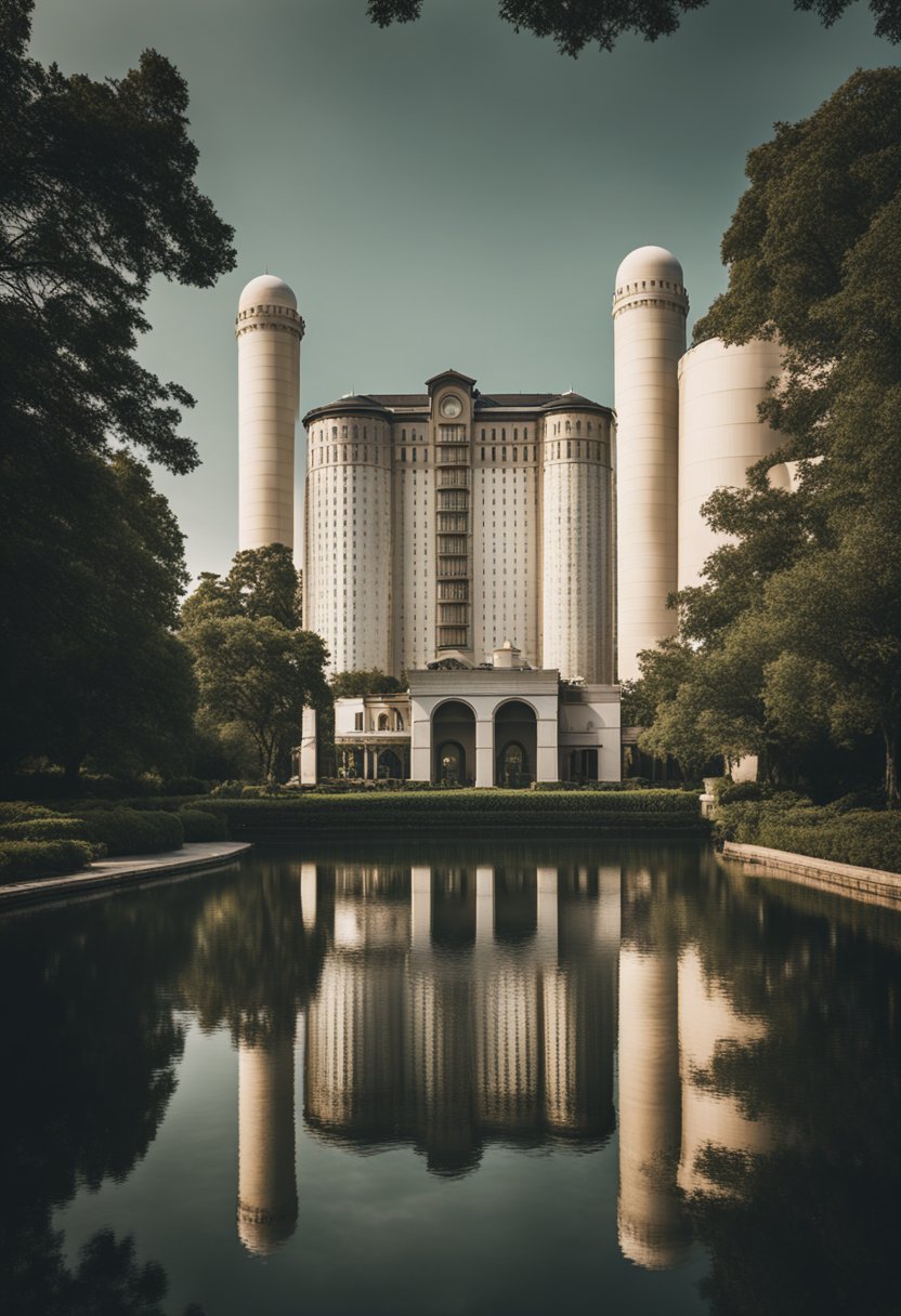 A hotel stands near the iconic Magnolia Silos, surrounded by lush greenery and elegant architecture
