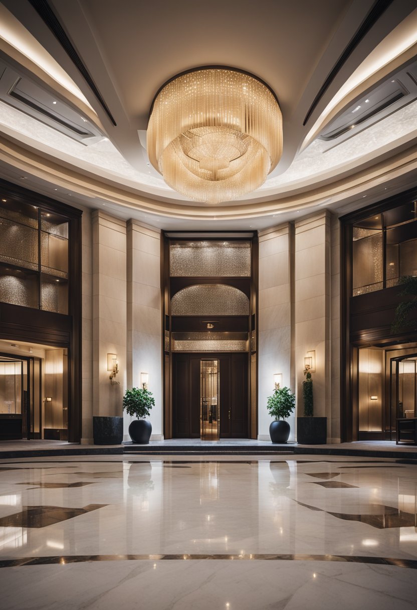 The scene depicts a grand entrance with valet service, a lobby with marble floors, a concierge desk, and a view of the magnolia silos
