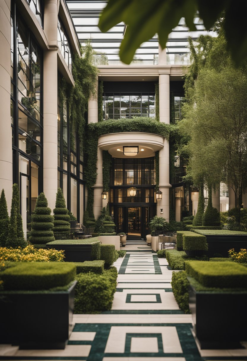 The hotel surrounded by lush greenery and features a grand entrance with a valet stand. The building exudes elegance with its modern architecture and large windows, inviting guests to plan their visit