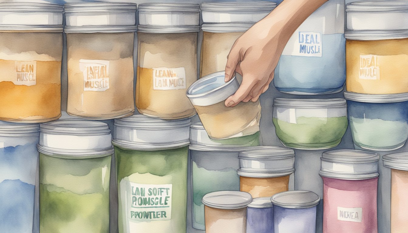 A hand reaches for various containers of protein powder, displaying labels with "lean muscle" and "ideal" prominently featured